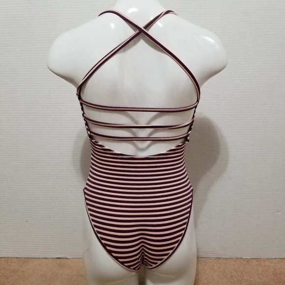 Forever 21 bodysuit Small striped sleeveless strappy caged back ruched bust - Picture 3 of 13